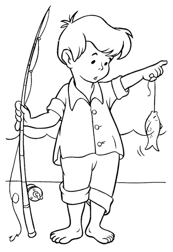 tranh tô màu bé trai câu cá