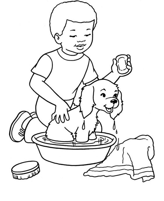 tranh tô màu bé trai cùng cún con