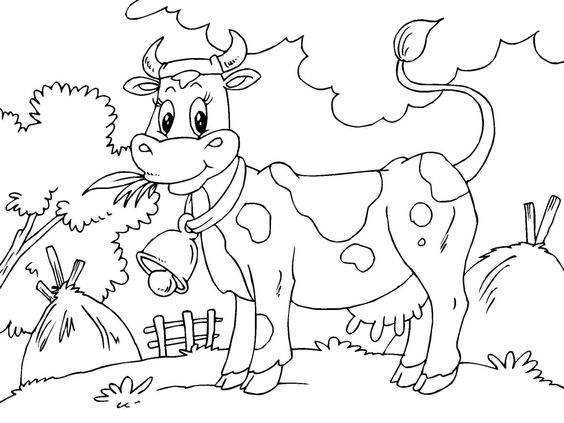 tranh tô màu con bò ăn cỏ ở nông trại vui vẻ