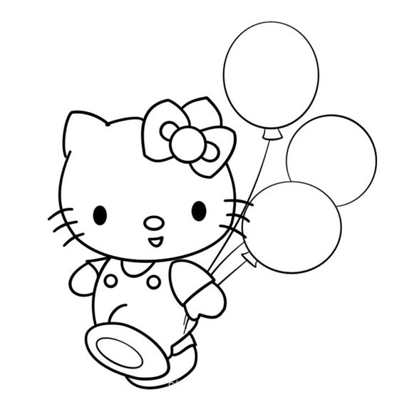 tranh tô màu hello kitty cầm bóng bay