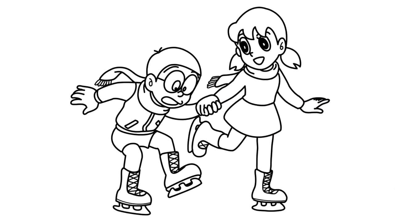 tranh tô màu xuka nobita trượt băng