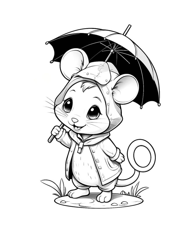 Hình con chuột tô màu mặc áo mưa