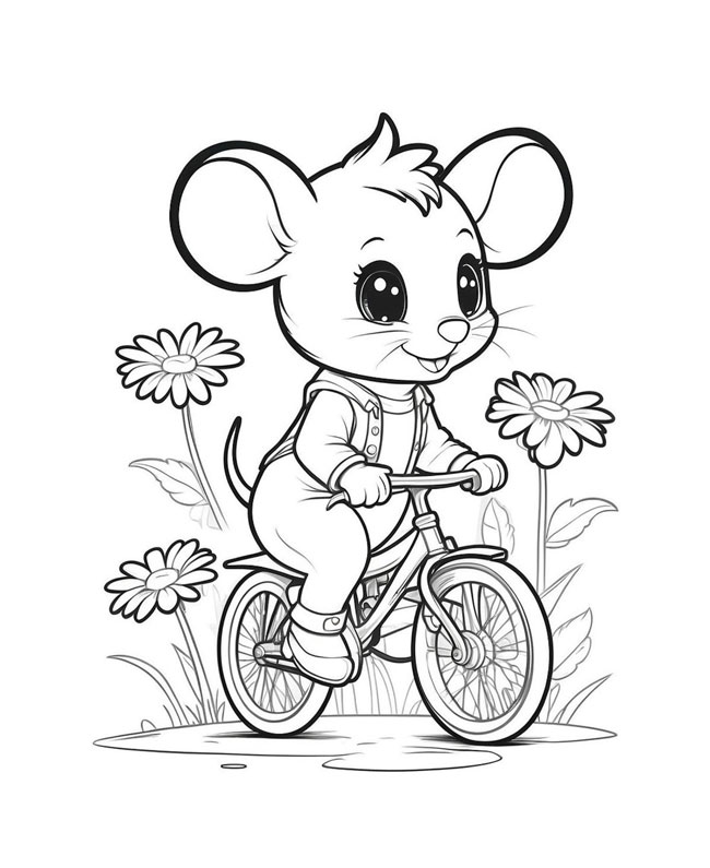 Hình tô màu con chuột đạp xe