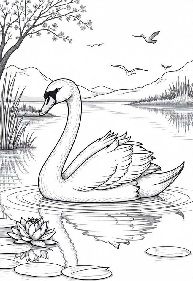 Tranh tô màu con thiên nga đang bơi