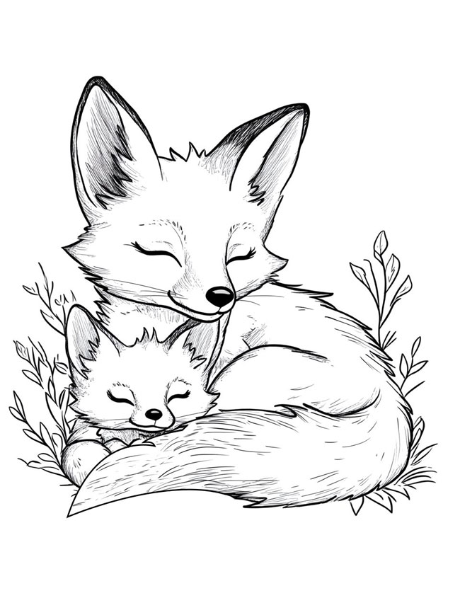 Tranh tô màu hai mẹ con nhà cáo