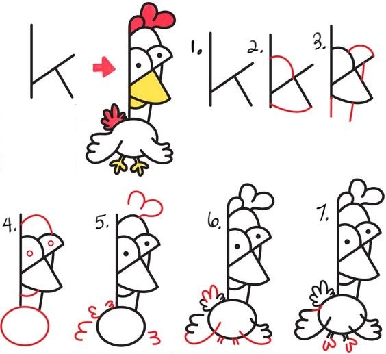 cách vẽ con gà đơn giản từ chữ K