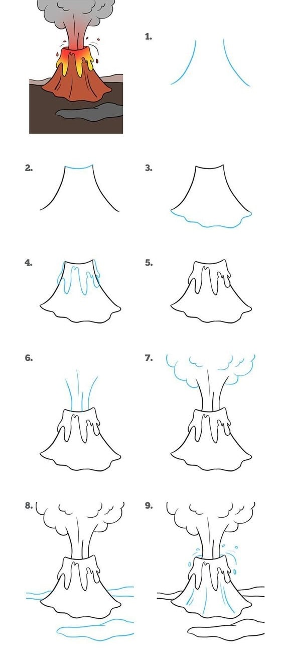 chi tiết cách vẽ tranh hình núi lửa