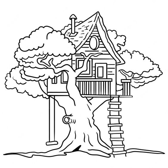 tranh tô màu hình ngôi nhà trên cây đẹp nhất