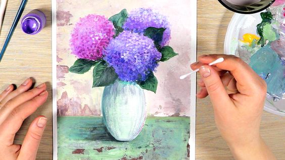 cách vẽ bình hoa cẩm tú cầu